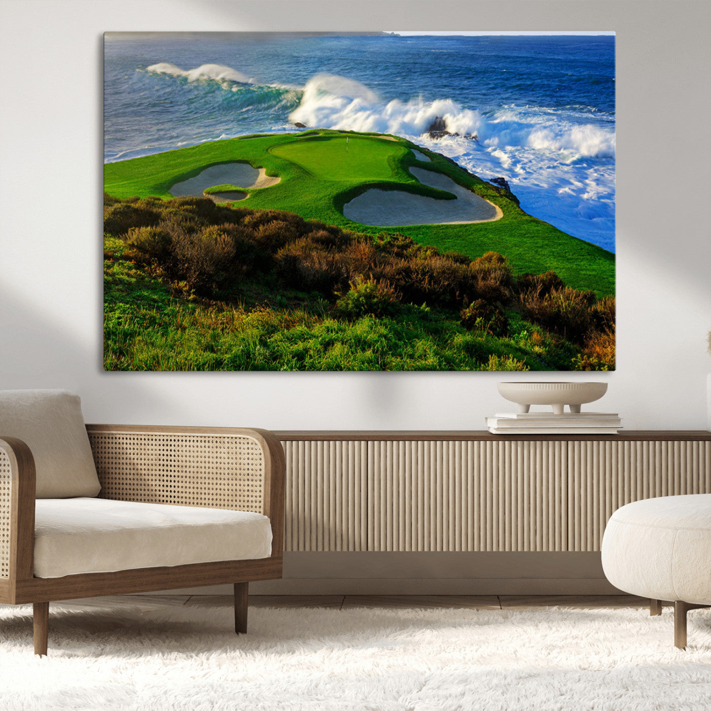 MGV-CV-36X24 - Ocean Cliffside Golf Course Green Waves Surf Sand Bunker Scenic Coastal Landscape Nature Wall Art
