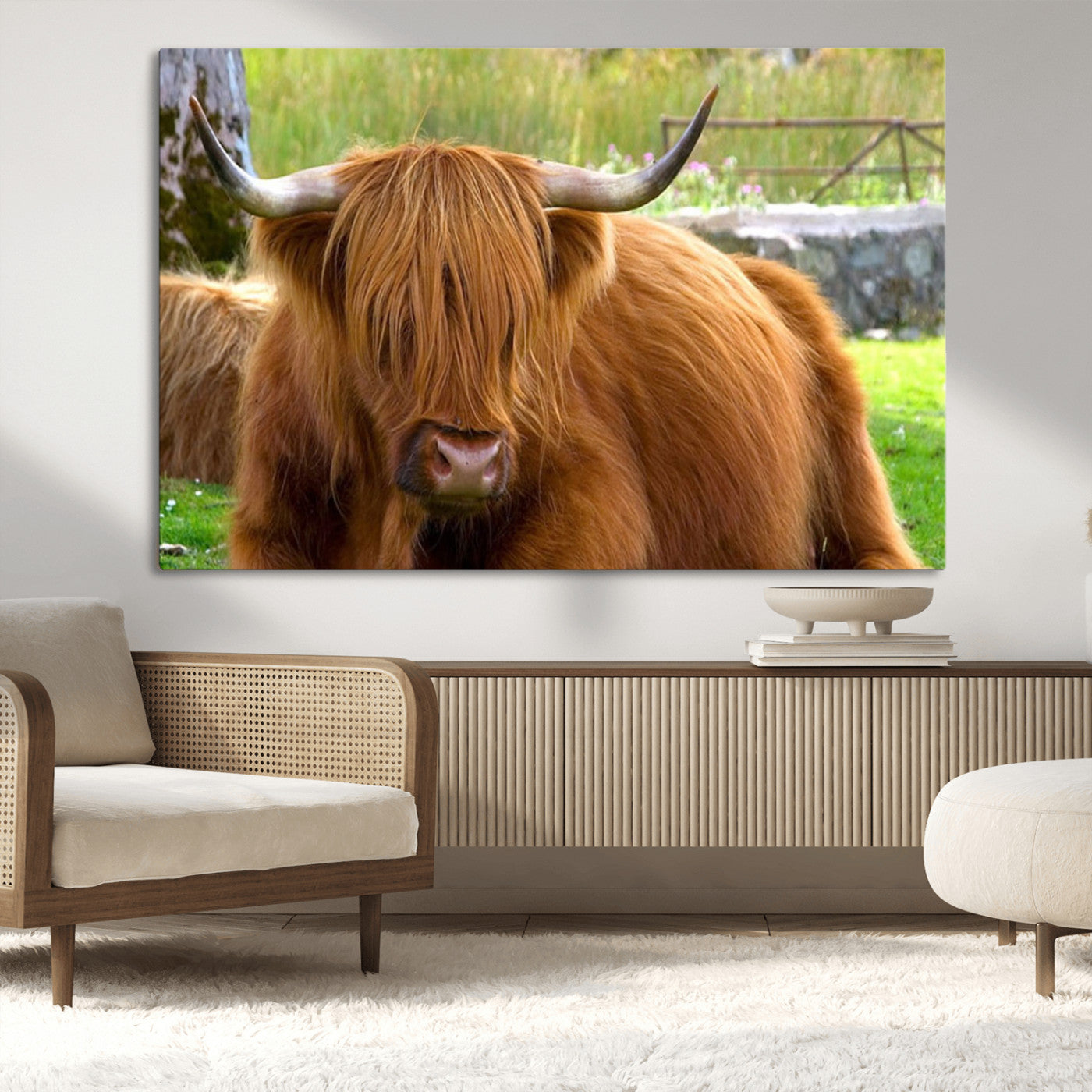 68411138-MGV-CV-36X24-Highland Cow Long Hair Rustic Farm Animal Horns Green Pasture Natural Beauty Outdoor Wall Art Canvas Print
