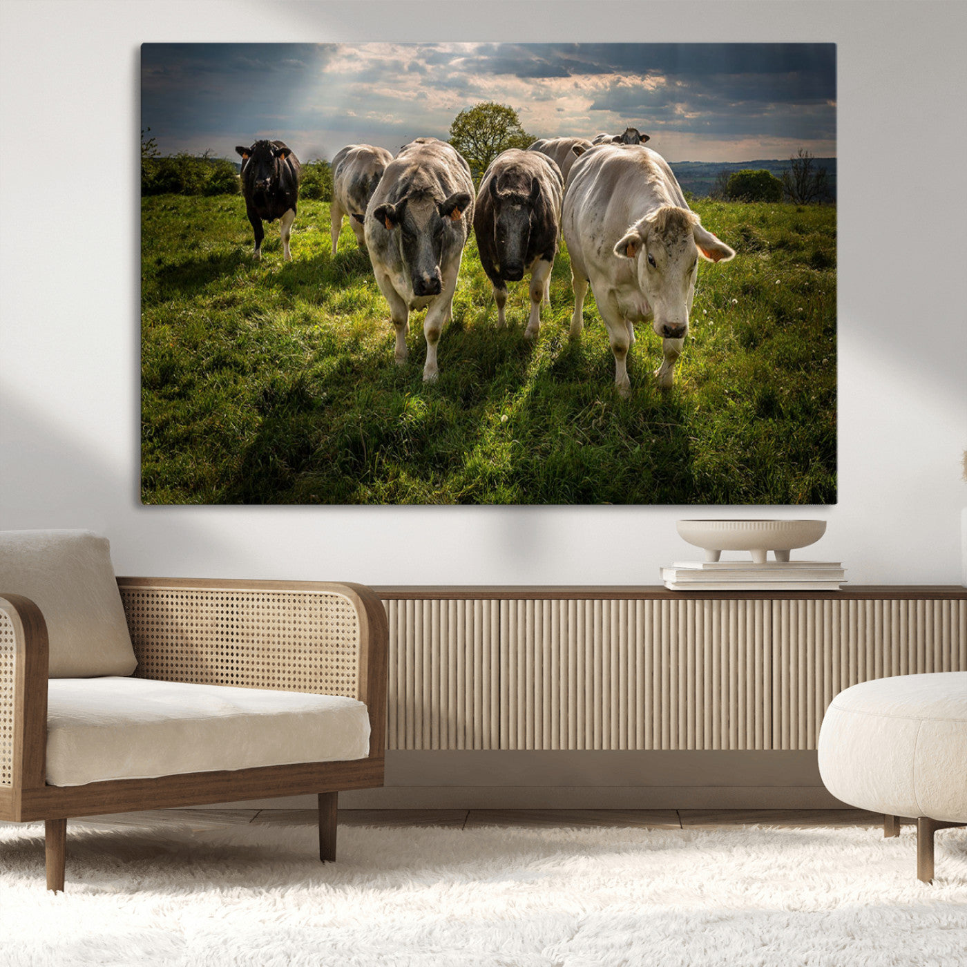 67277447-MGV-CV-36X24-Grazing Cattle Herd Pasture Green Field Livestock Natural Farm Animals Rural Life Outdoor Wall Art Canvas Print