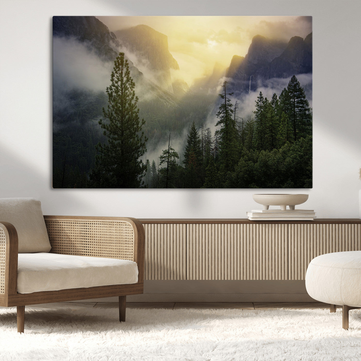 38316884-MGV-CV-36X24-Misty Forest Sunrise Mountain Valley Pine Trees Foggy Landscape Nature Scenic Outdoors Calm Tranquil Wall Art Canvas Print