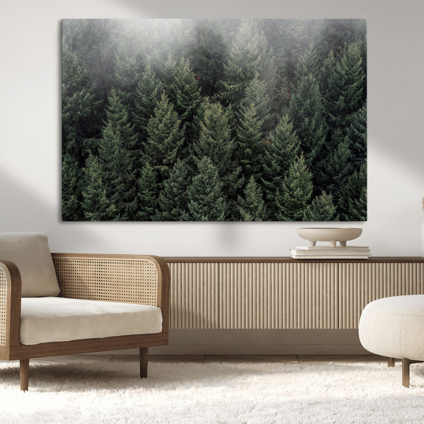 84059409-MGV-CV-36X24-Dense Evergreen Forest Misty Morning Fog Pine Trees Woodland Nature Landscape Calm Peaceful Scenic Wall Art Canvas Print
