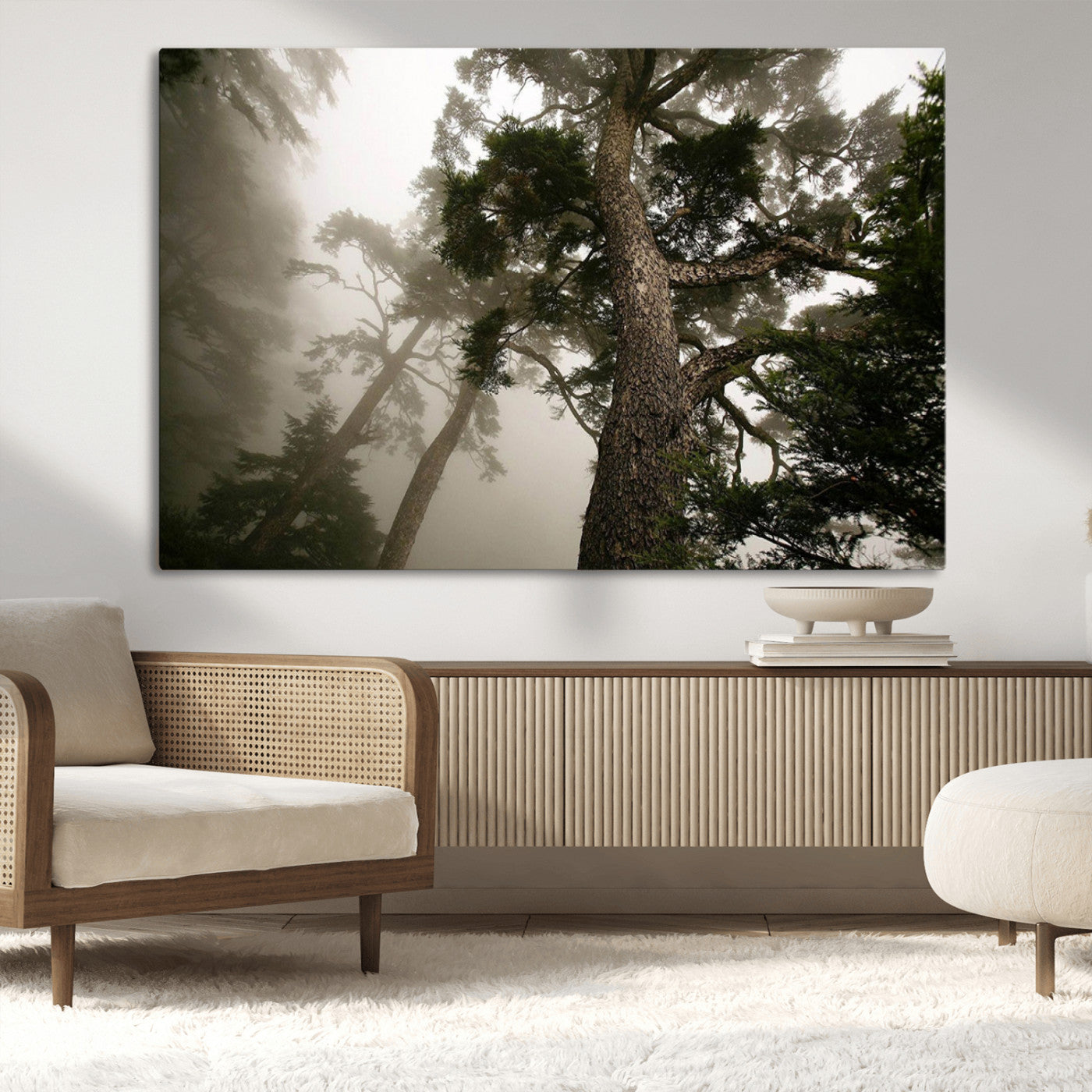 87969493-MGV-CV-36X24-Misty Forest Tall Trees Foggy Atmosphere Nature Serenity Calm Wooded Landscape Tranquil Scene Outdoor Beauty Wall Art Canvas Print
