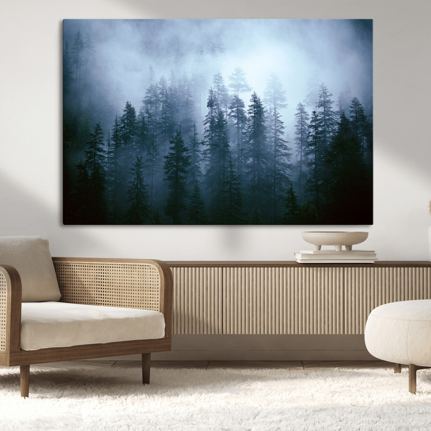 93439624-MGV-CV-36X24-Foggy Evergreen Pines Mist Forest Blue Haze Moody Atmospheric Wilderness Nature Trees Scenic Tranquil Peaceful Landscape Wall Art Canvas Print