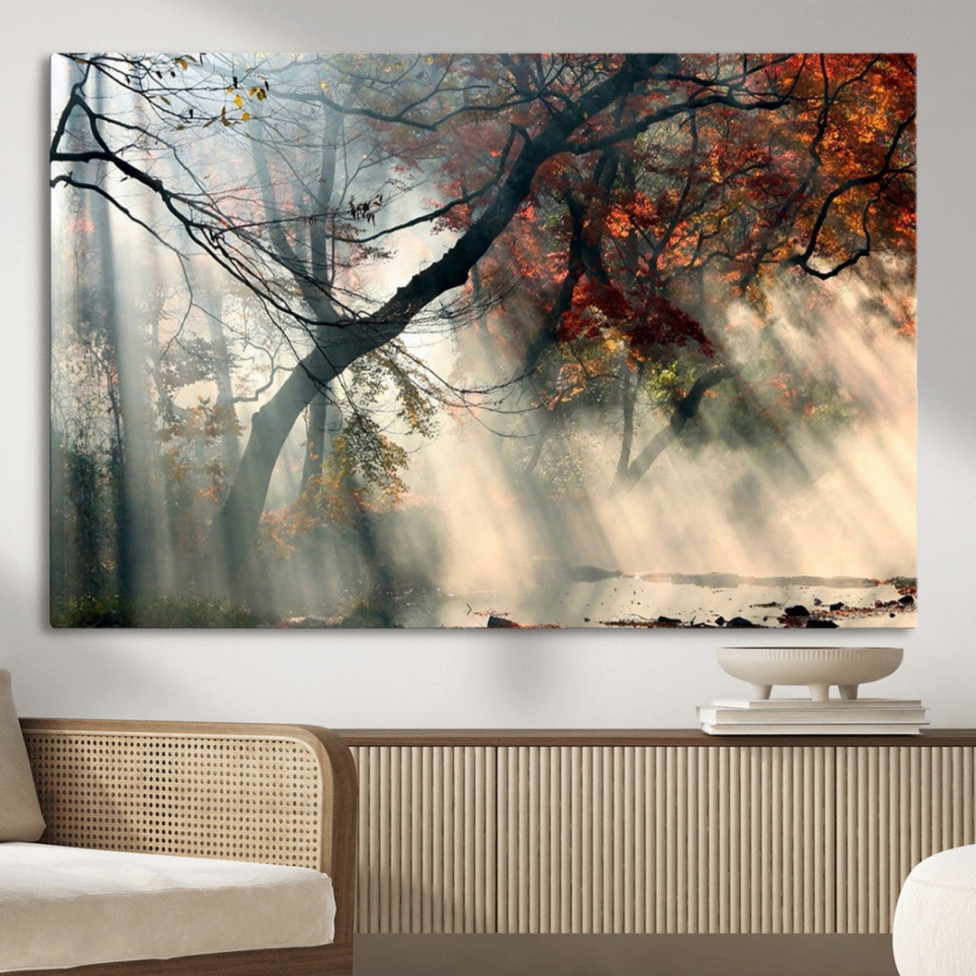 36043878-MGV-CV-36X24-Sunlit Autumn Forest Mist Trees Rays Fog Nature Scenic Peaceful Tranquil Leaves Landscape Morning Glow Warmth Wall Art Canvas Print