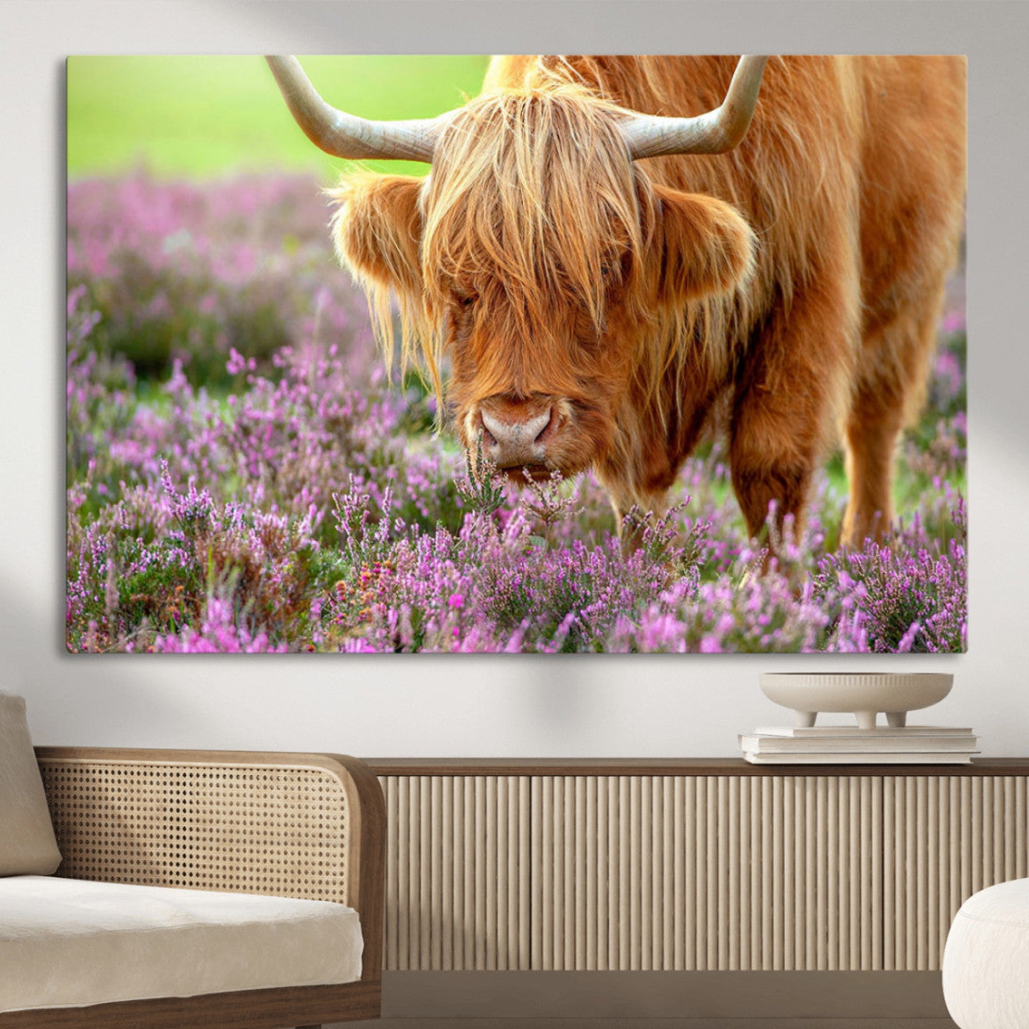 64069351-MGV-CV-36X24-Highland Cow Purple Flowers Nature Pasture Scenic Wildlife Animal Grazing Meadow Calm Rustic Charm