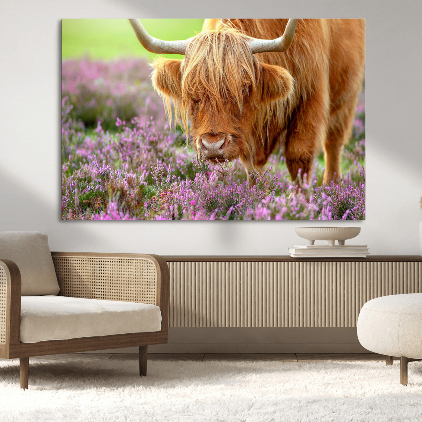 64069351-MGV-CV-36X24-Highland Cow Purple Flowers Nature Pasture Scenic Wildlife Animal Grazing Meadow Calm Rustic Charm Outdoors Peace Wall Art Canvas Print