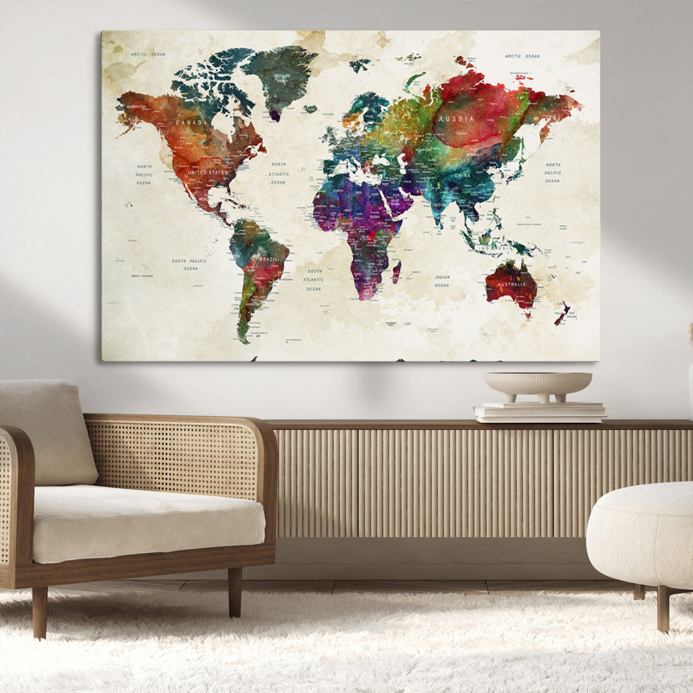 Colorful watercolor world map with countries labeled, featuring rich, vibrant hues across continents on a vintage beige background, Wall Art Canvas Print style.