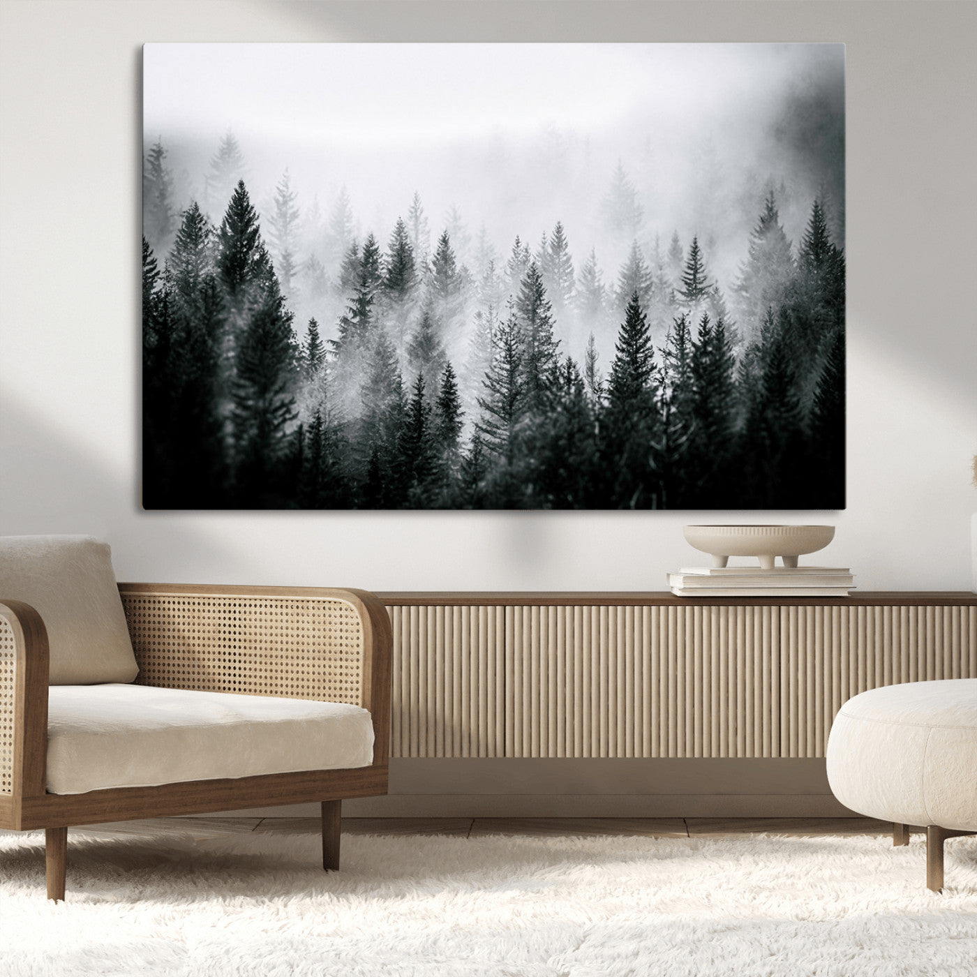 Horizontal black and white canvas wall art of foggy pine forest landscape for modern and rustic home decor