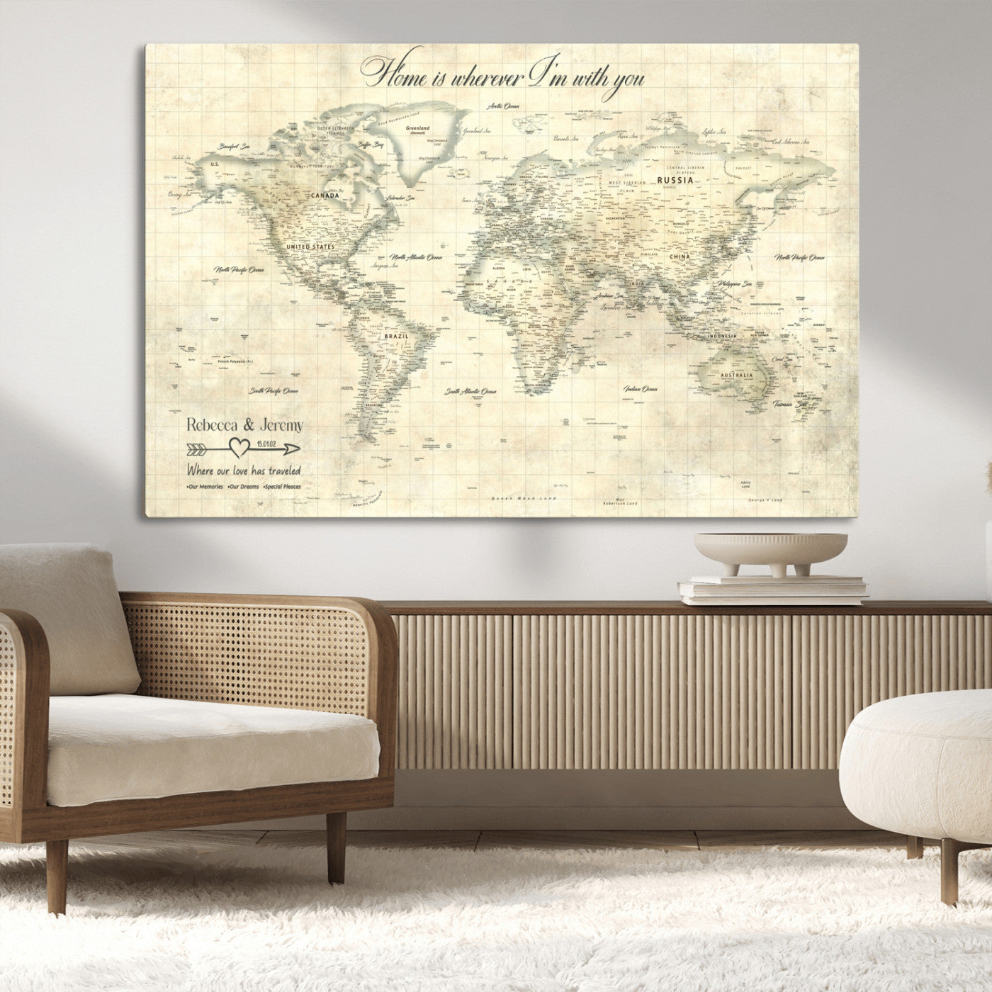 MGV-CV-36X24 - Personalized World Map Wall Art Canvas Print – Custom Push Pin Travel Map for Couples, Families, or Office Décor