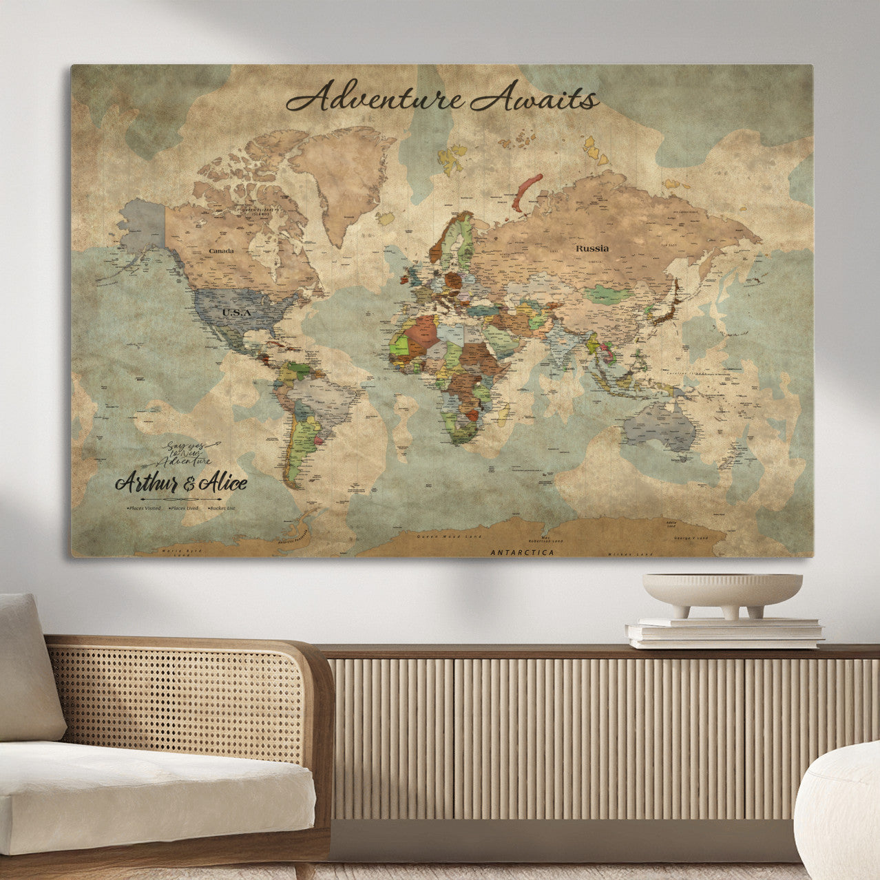 MGV-CV-36X24 - Personalized World Map Wall Art Canvas Print – Custom Push Pin Travel Map for Couples, Families, or Office Décor
