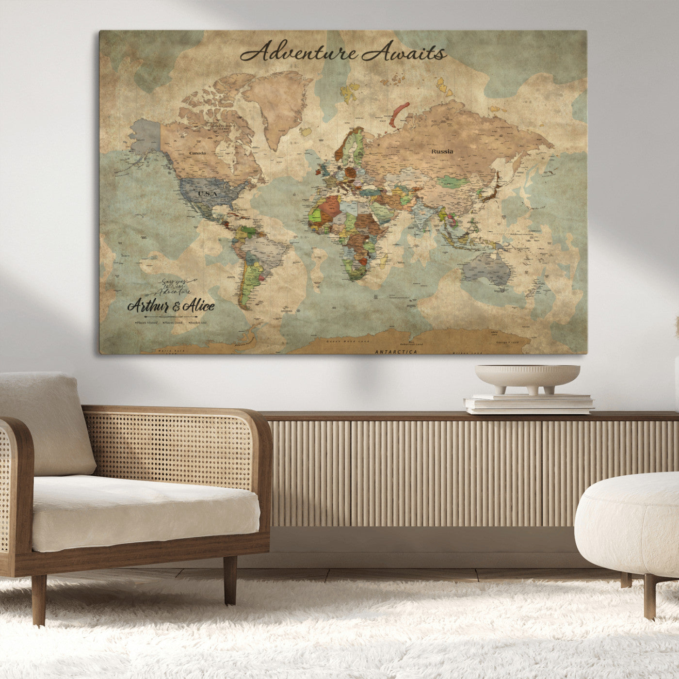 MGV-CV-36X24 - Personalized World Map Wall Art Canvas Print – Custom Push Pin Travel Map for Couples, Families, or Office Décor