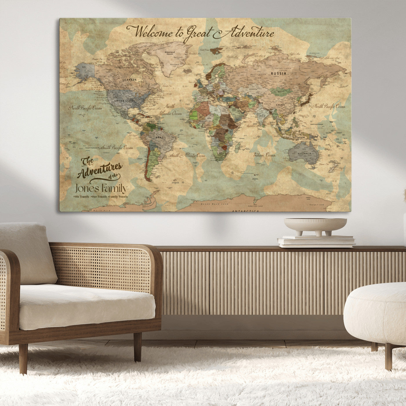 MGV-CV-36X24 - Personalized World Map Wall Art Canvas Print – Custom Push Pin Travel Map for Couples, Families, or Office Décor