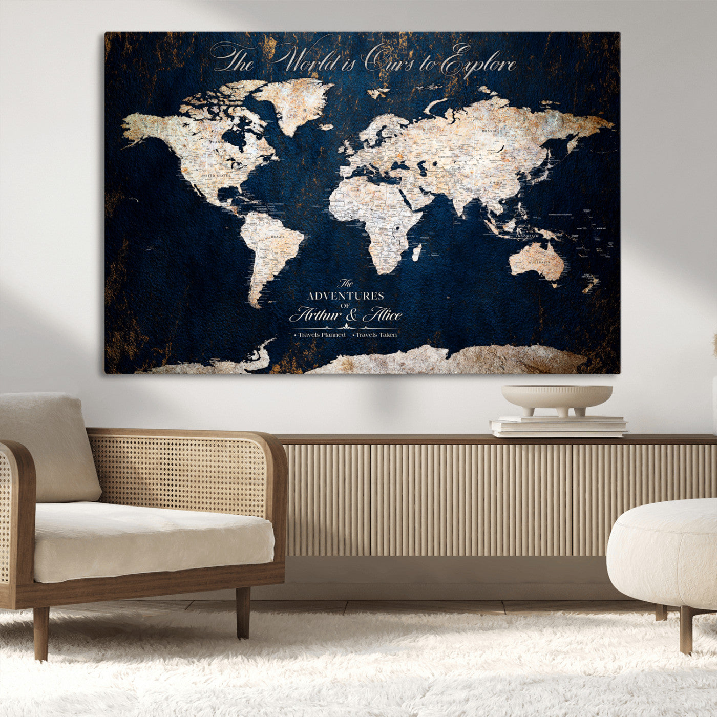 MGV-CV-36X24 - Personalized World Map Wall Art Canvas Print – Custom Push Pin Travel Map for Couples, Families, or Office Décor
