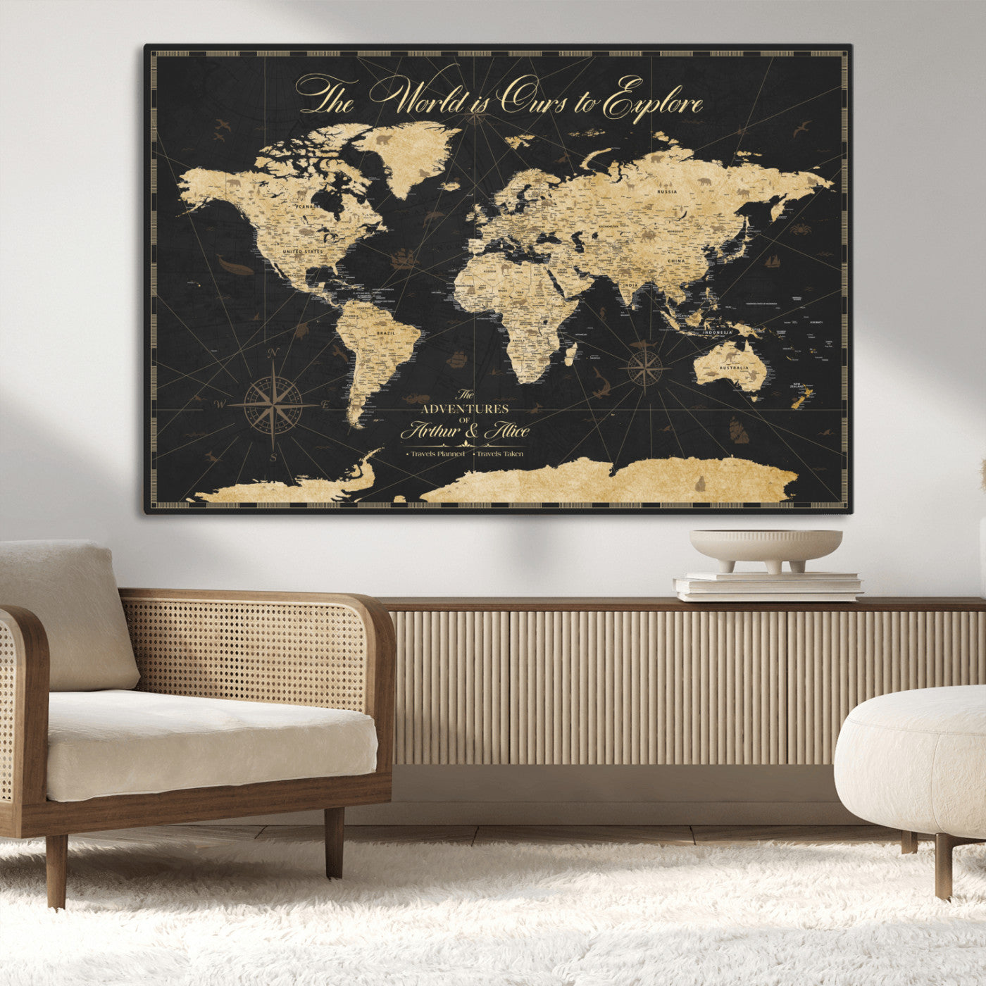 MGV-CV-36X24 - Personalized World Map Wall Art Canvas Print – Custom Push Pin Travel Map for Couples, Families, or Office Décor