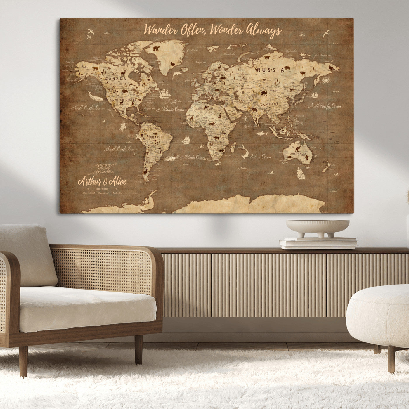 MGV-CV-36X24 - Personalized World Map Wall Art Canvas Print – Custom Push Pin Travel Map for Couples, Families, or Office Décor