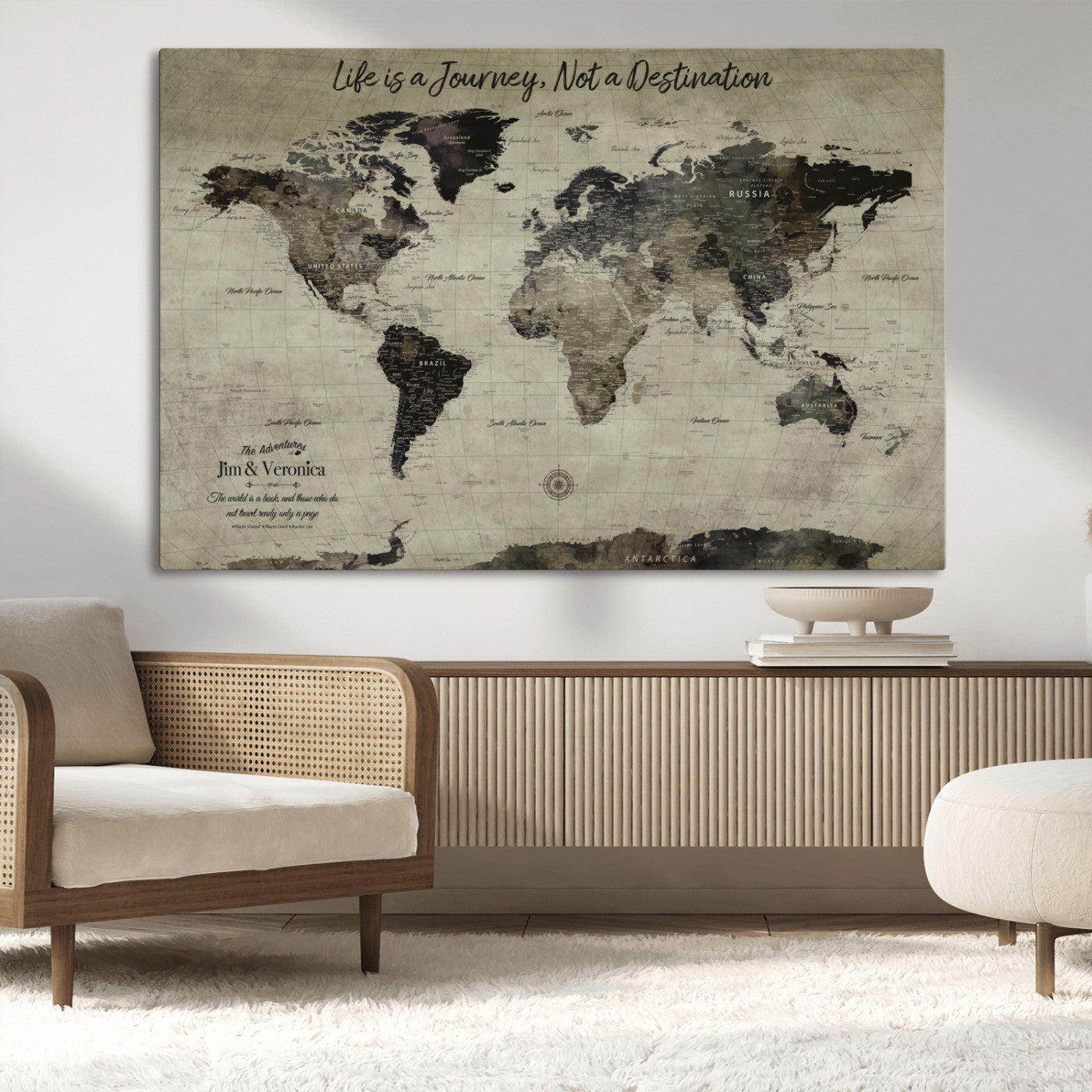 MGV-CV-36X24 - Personalized World Map Wall Art Canvas Print – Custom Push Pin Travel Map for Couples, Families, or Office Décor