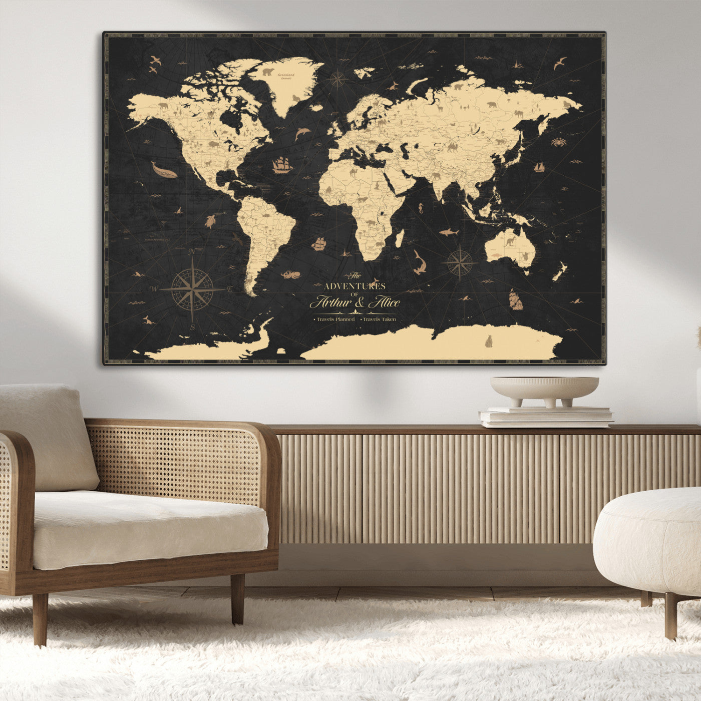 MGV-CV-36X24 - Personalized World Map Wall Art Canvas Print – Custom Push Pin Travel Map for Couples, Families, or Office Décor