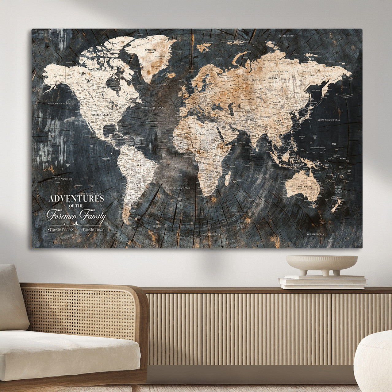 58265369-MGV-CV-36X24 - Customized Push Pin World Map Wall Art Canvas Print with Pins, Personalized Travel Tracker Map, Framed World Map for Living Room, Office and Home Decor