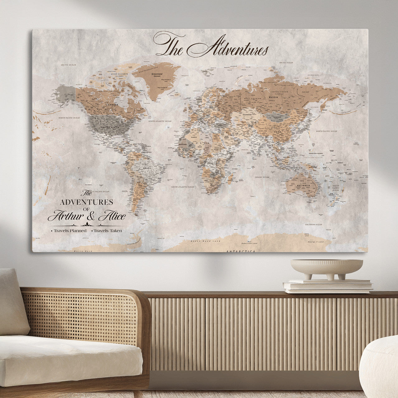 91774967-MGV-CV-36X24 - Personalized Push Pin World Map Canvas Print – Custom Framed Travel Tracker Artwork for Couples or Home Decor