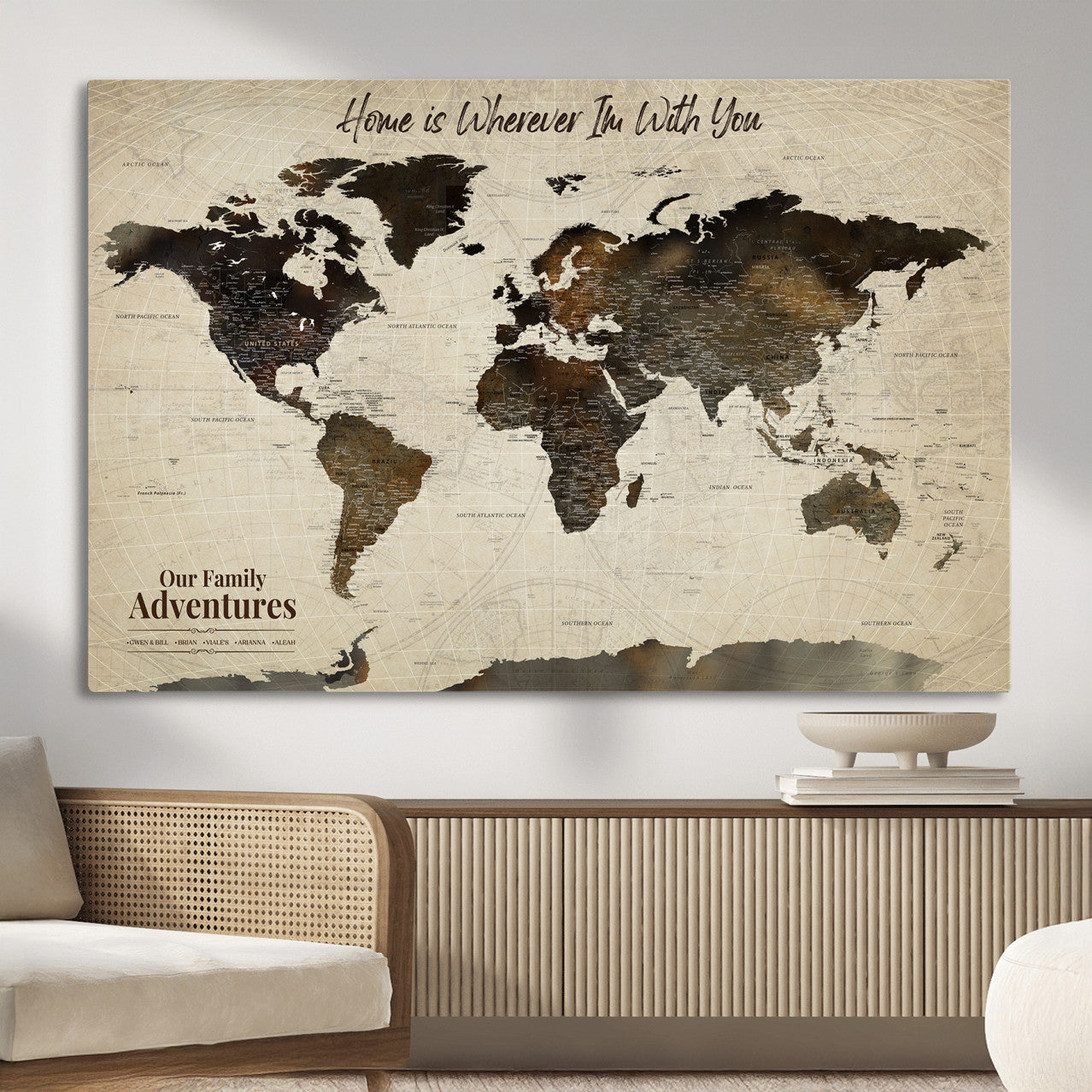57979837-MGV-CV-36X24 - Personalized Push Pin World Map Canvas Print – Custom Framed Travel Tracker Wall Art Large Map Artwork for Home, Office