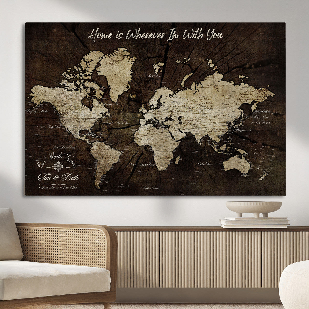 73781397-MGV-CV-36X24 - Personalized World Map Wall Art Canvas Print – Custom Push Pin Travel Map for Couples, Families, or Office Decor