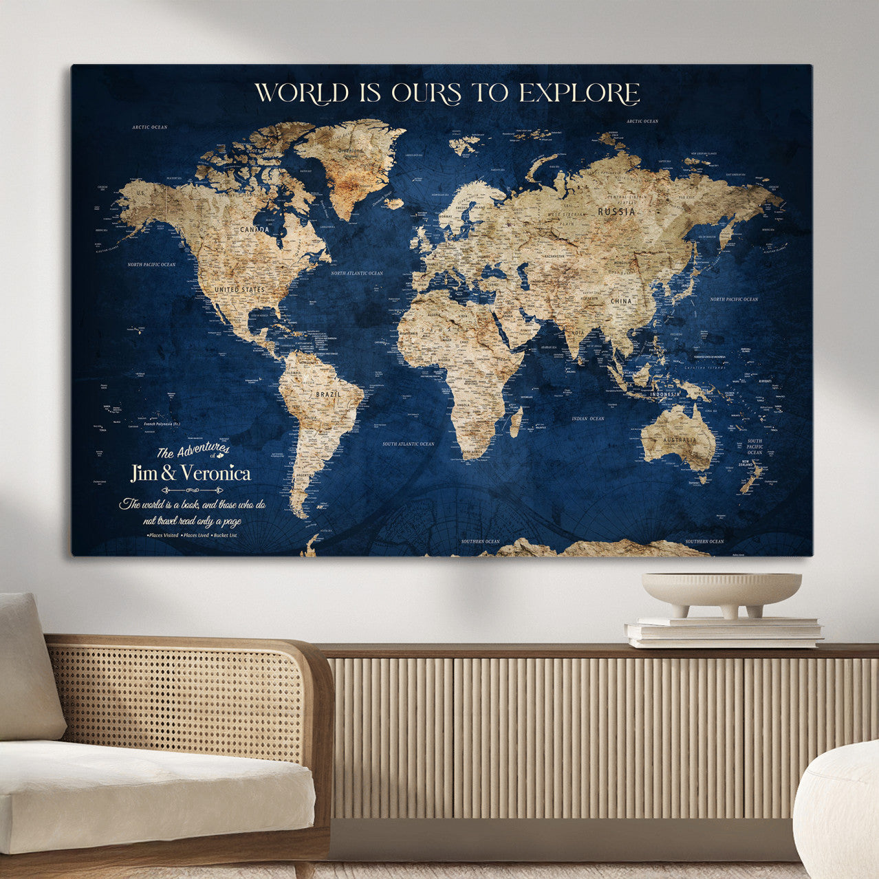 33364828-MGV-CV-36X24 - Personalized World Map Wall Art – Custom Framed Push Pin Travel Tracker Canvas Print Unique Gift for Home, Office