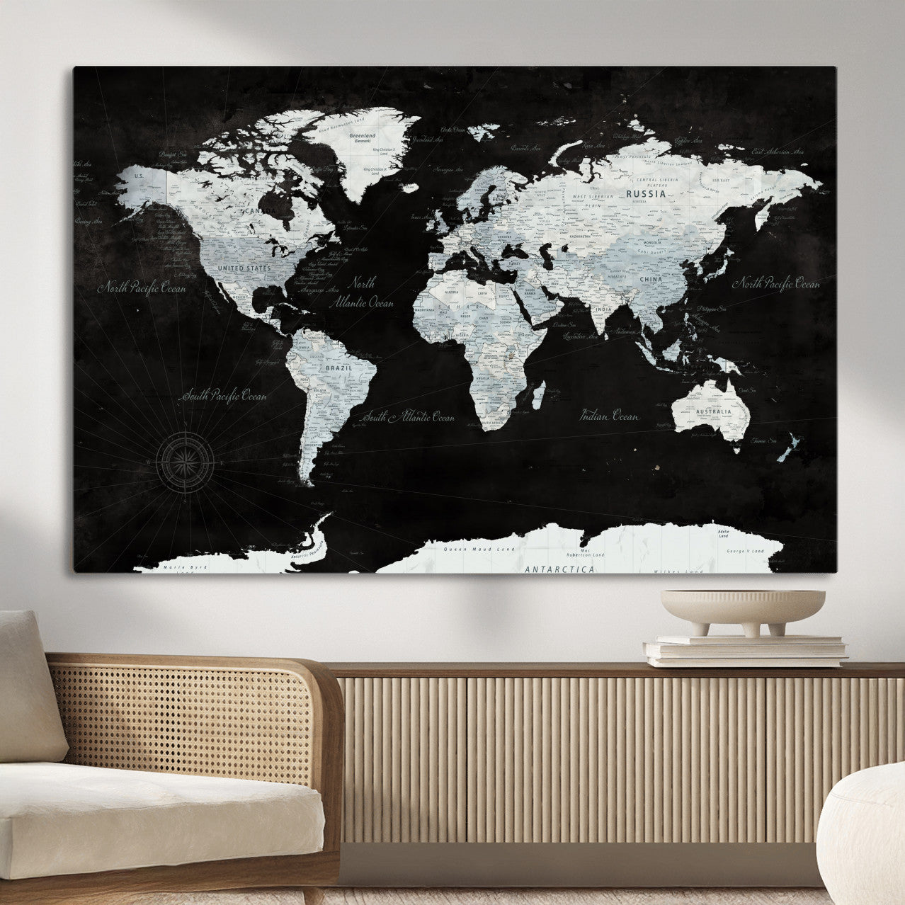 30759283-MGV-CV-36X24 - World Map Wall Art Canvas Print, Modern Decorative Framed Map Artwork Prints for Living Room, Office, Bedroom Wall Decor