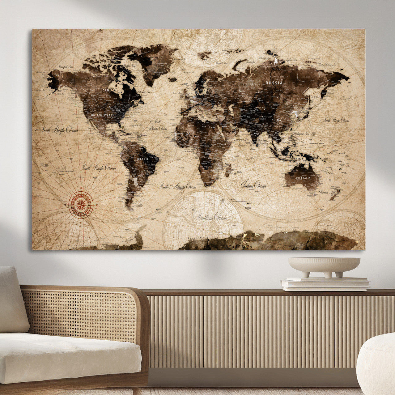 97114757-MGV-CV-36X24 - Vintage World Map Wall Art Canvas Print, Modern Decorative Framed Map Artwork Prints for Living Room, Office, Bedroom Wall Decor