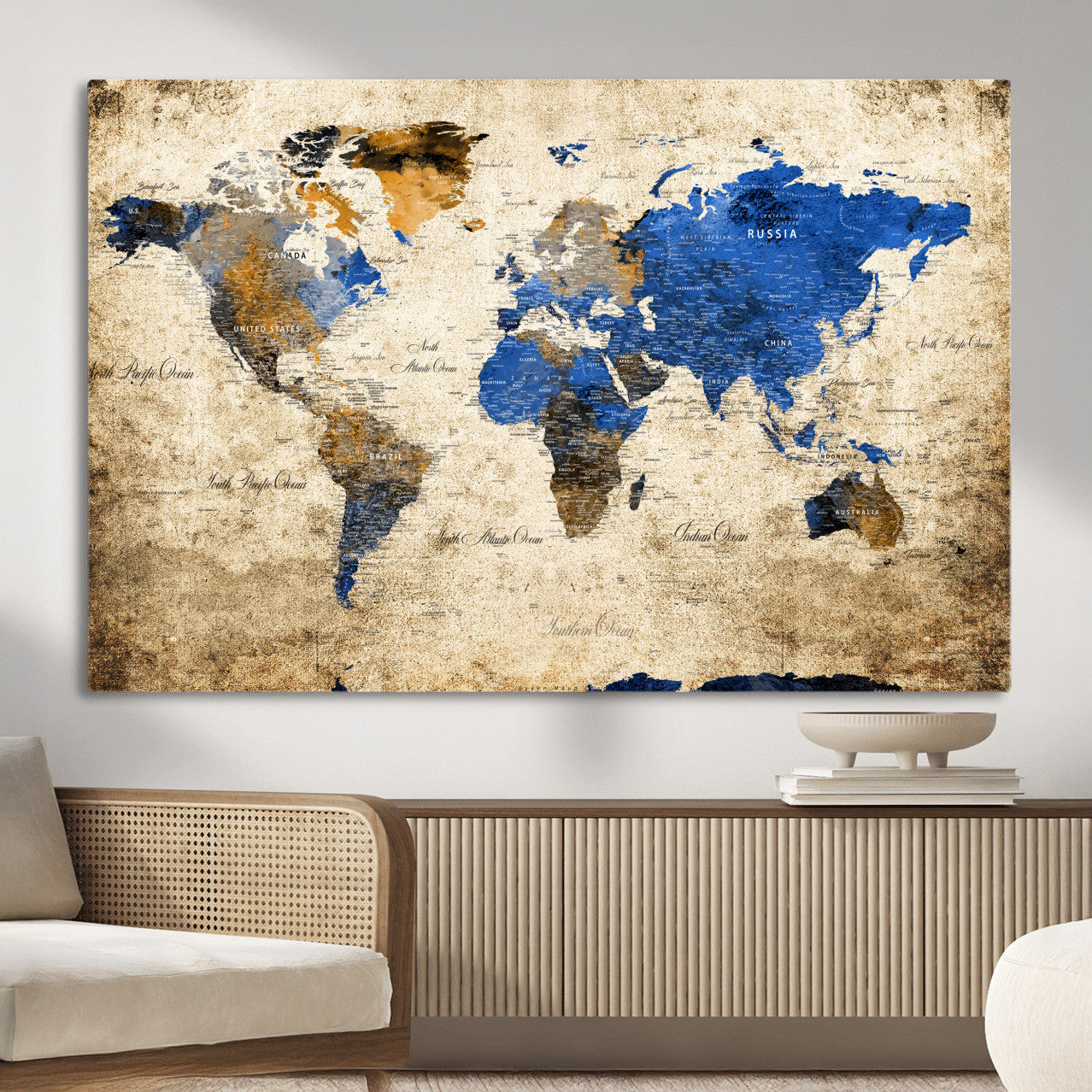 13564339-MGV-CV-36X24 - World Map Wall Art Canvas Print, Modern Decorative Framed Map Artwork Prints for Living Room, Office, Bedroom Wall Decor