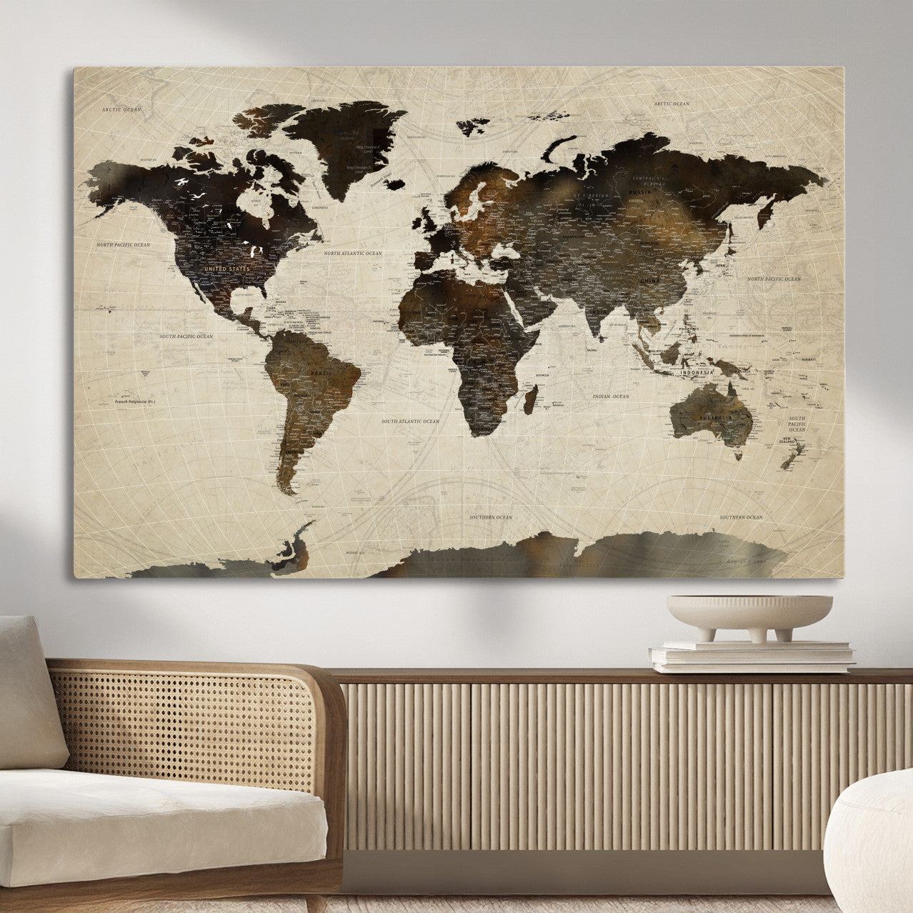 81771296-MGV-CV-36X24 - World Map Wall Art Canvas Print, Modern Decorative Framed Map Artwork Prints for Living Room, Office, Bedroom Wall Decor