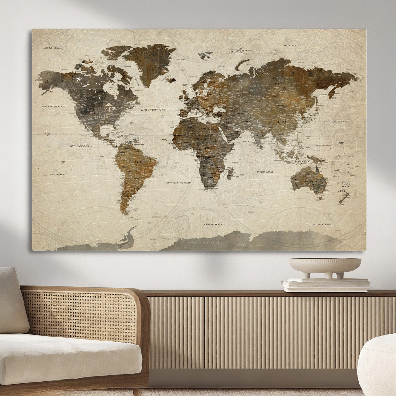 91849163-MGV-CV-36X24 - World Map Wall Art Canvas Print, Modern Decorative Framed Map Artwork Prints for Living Room, Office, Bedroom Wall Decor
