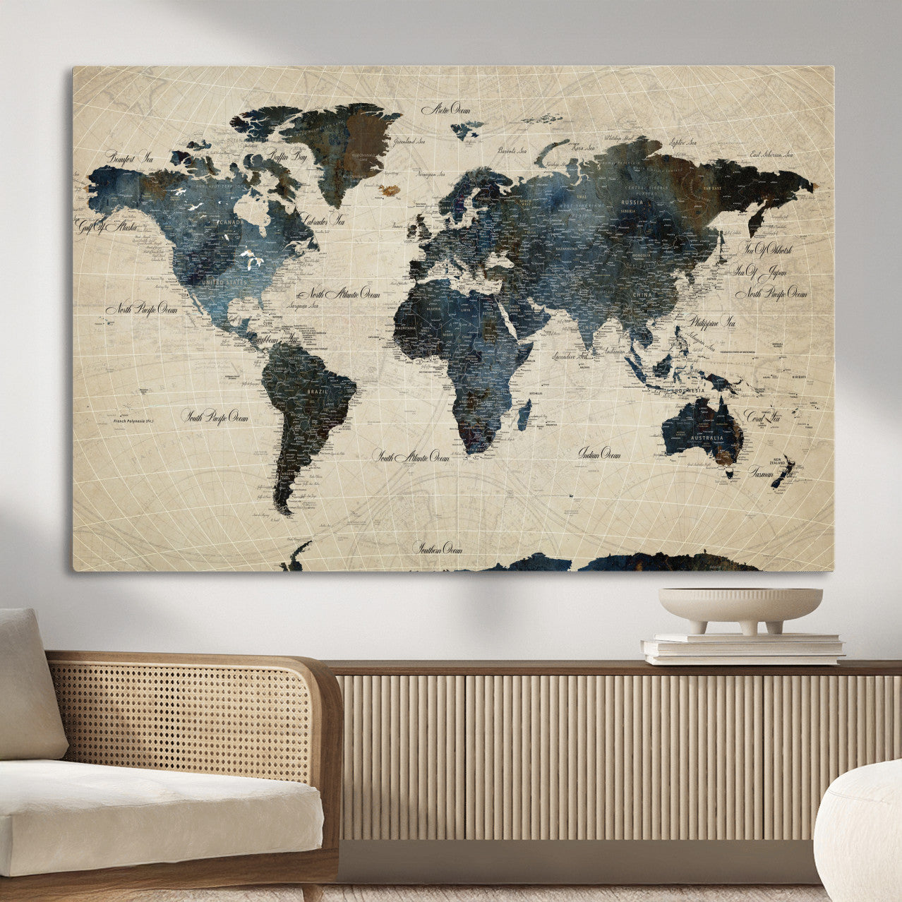 33438443-MGV-CV-36X24 - World Map Wall Art Canvas Print, Modern Decorative Framed Map Artwork Prints for Living Room, Office, Bedroom Wall Decor