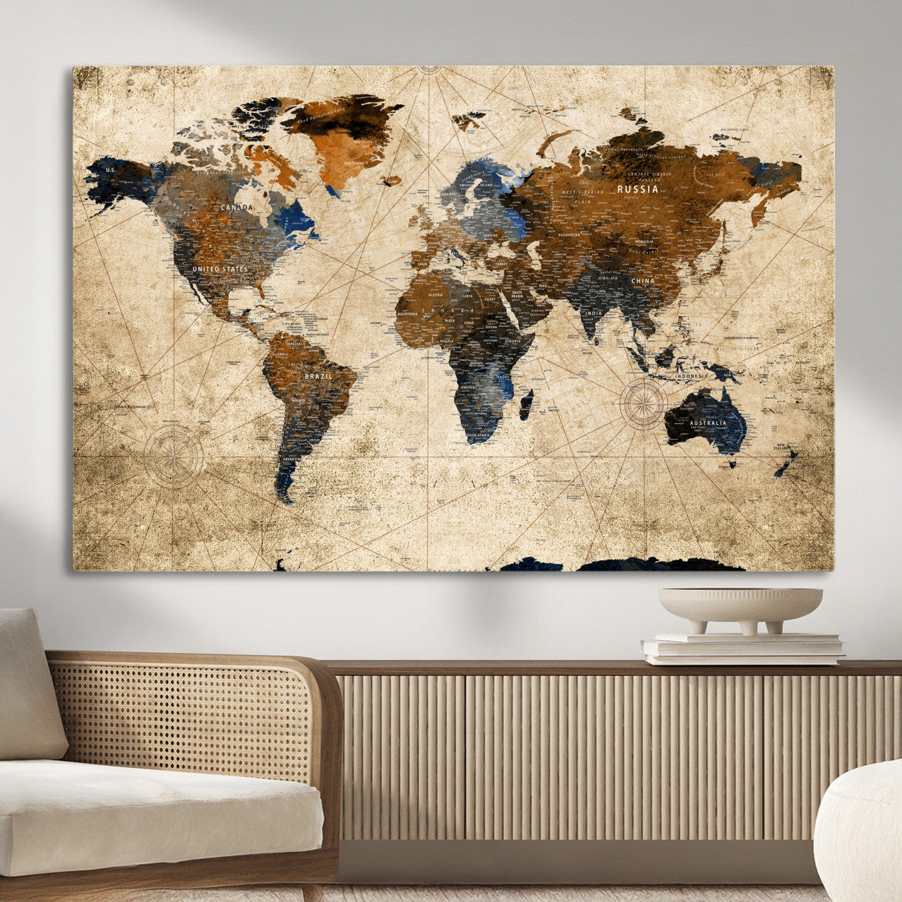 56297284-MGV-CV-36X24 - World Map Wall Art Canvas Print, Modern Decorative Framed Map Artwork Prints for Living Room, Office, Bedroom Wall Decor