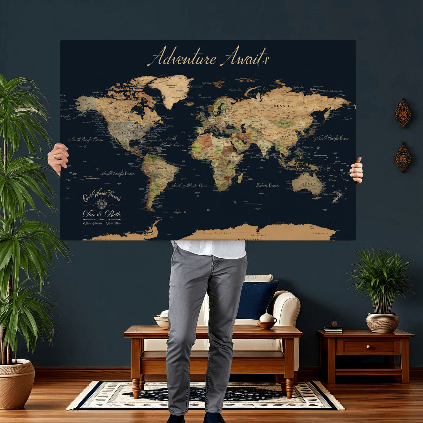 92618915-MGV-CV-36X24 - Customized Push Pin World Map Wall Art Canvas Print with Pins, Framed Personalize Travel Tracker Map, World Map for Living Room and Office Decor