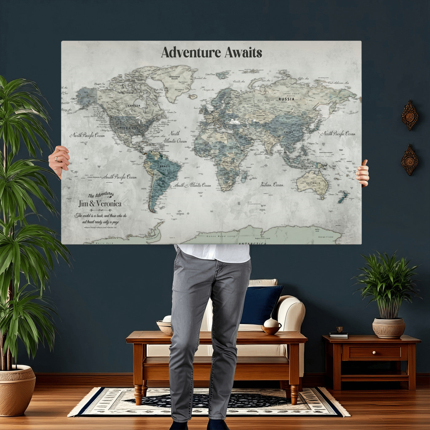 99034689-MGV-CV-36X24 - Customized Push Pin World Map Wall Art Canvas Print with Pins, Framed Personalize Travel Tracker Map, World Map for Living Room and Office Decor
