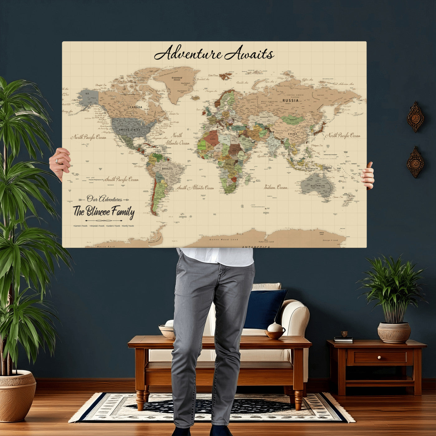 63407426-MGV-CV-36X24 - Customized Push Pin World Map Wall Art Canvas Print with Pins, Framed Personalize Travel Tracker Map, World Map for Living Room and Office Decor