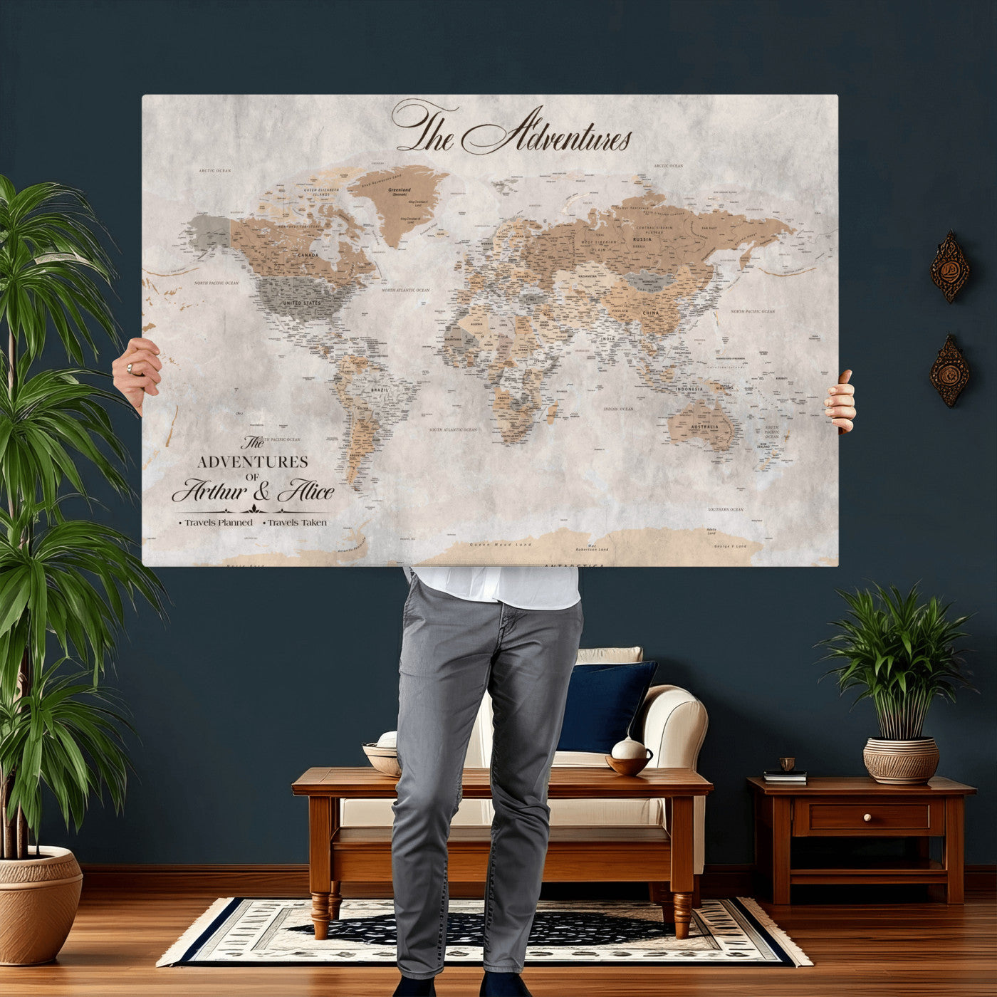 85771580-MGV-CV-36X24 - Custom Push Pin World Map Wall Art Canvas Print with Pins, Framed Personalize Travel Tracker Map, World Map for Living Room and Office Decor
