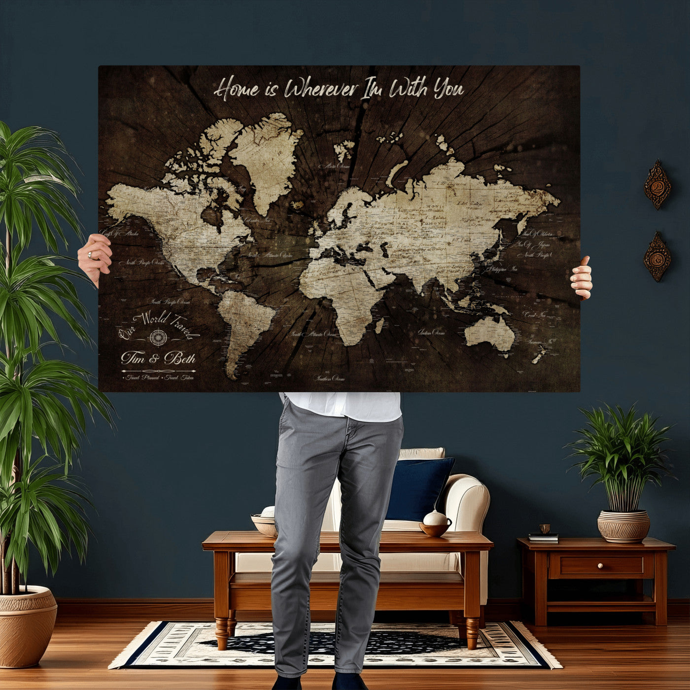 57852913-MGV-CV-36X24 - Customized Push Pin World Map Wall Art Canvas Print with Pins, Framed Personalize Travel Tracker Map, World Map for Living Room and Office Decor