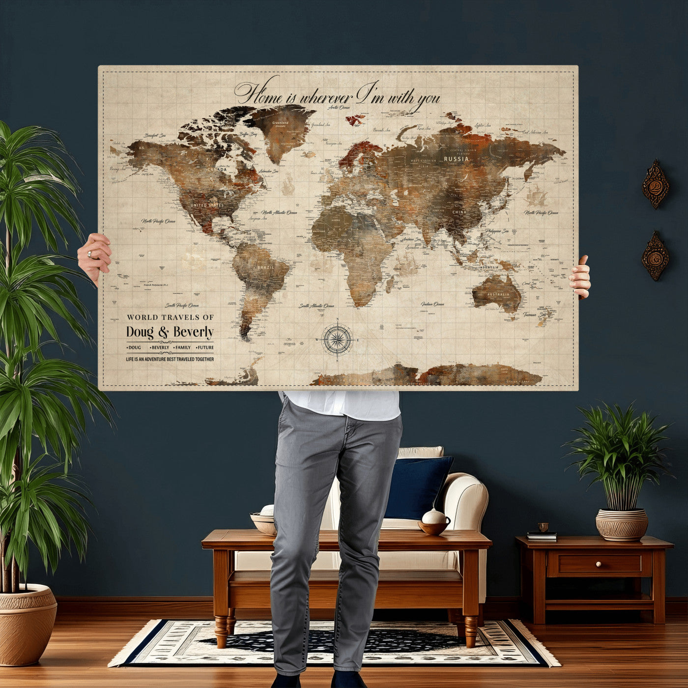 94399474-MGV-CV-36X24 - Custom Push Pin World Map Wall Art Canvas Print – Personalized Travel Tracker with Pins Framed Large for Home and Office Decor