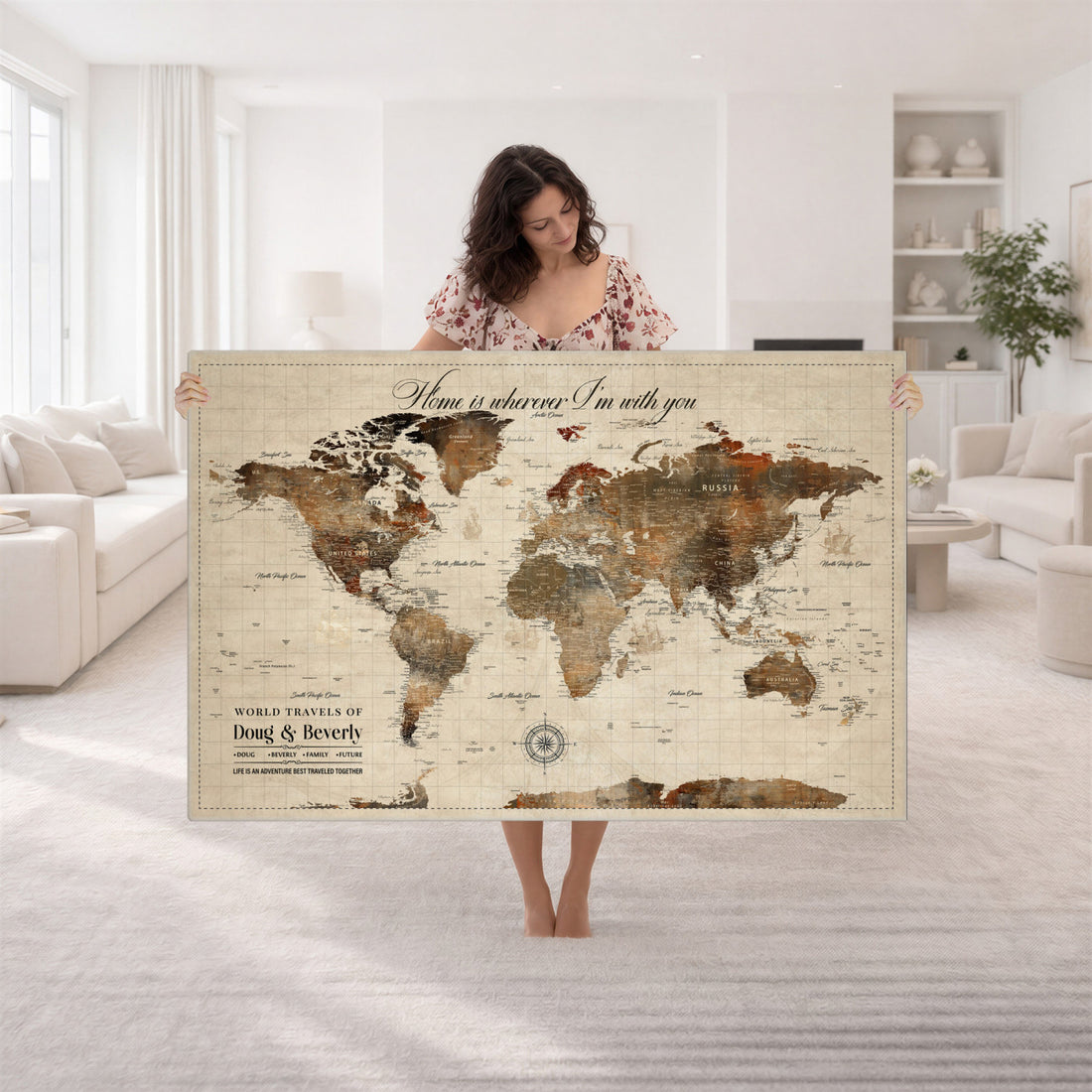 Large Custom Framed Beige Vintage World Travel Map Wall Art with Pins, Couples Countries Visited Map, Living Room and Hallway Decor