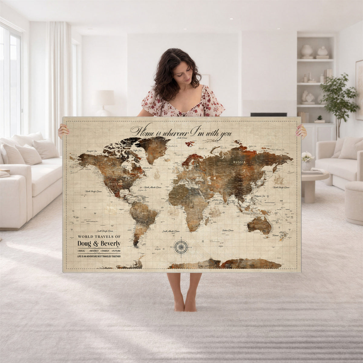 94399474-MGV-CV-36X24 - Large Custom Framed Beige Vintage World Travel Map Wall Art with Pins, Couples Countries Visited Map, Living Room and Hallway Decor