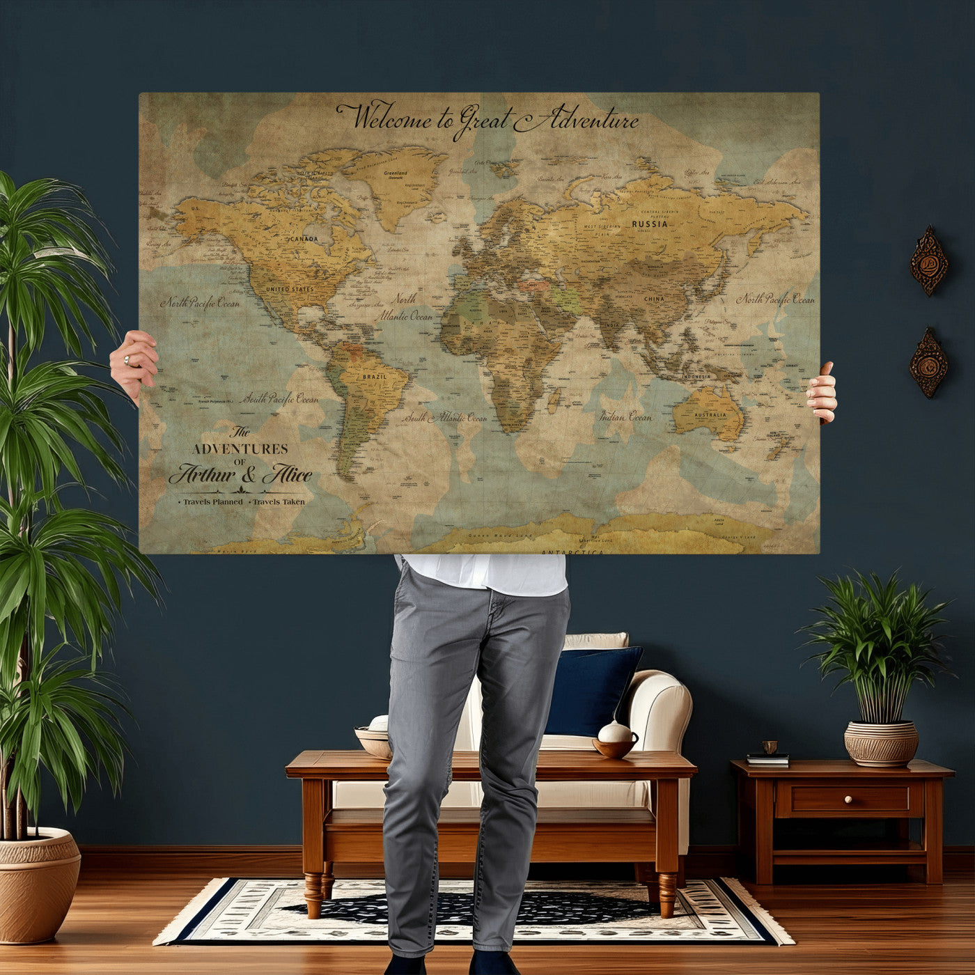 37903085-MGV-CV-36X24 - Custom Push Pin World Map Wall Art Canvas Print – Personalized Travel Tracker with Pins Framed Large for Home and Office Decor