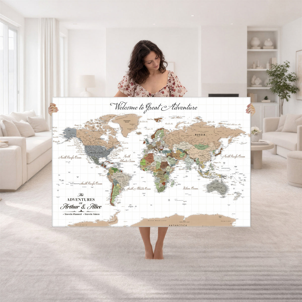 85396539-MGV-CV-36X24 - Custom Beige Push Pin World Map Wall Art, Bucket List Map, Study and Hallway Decor