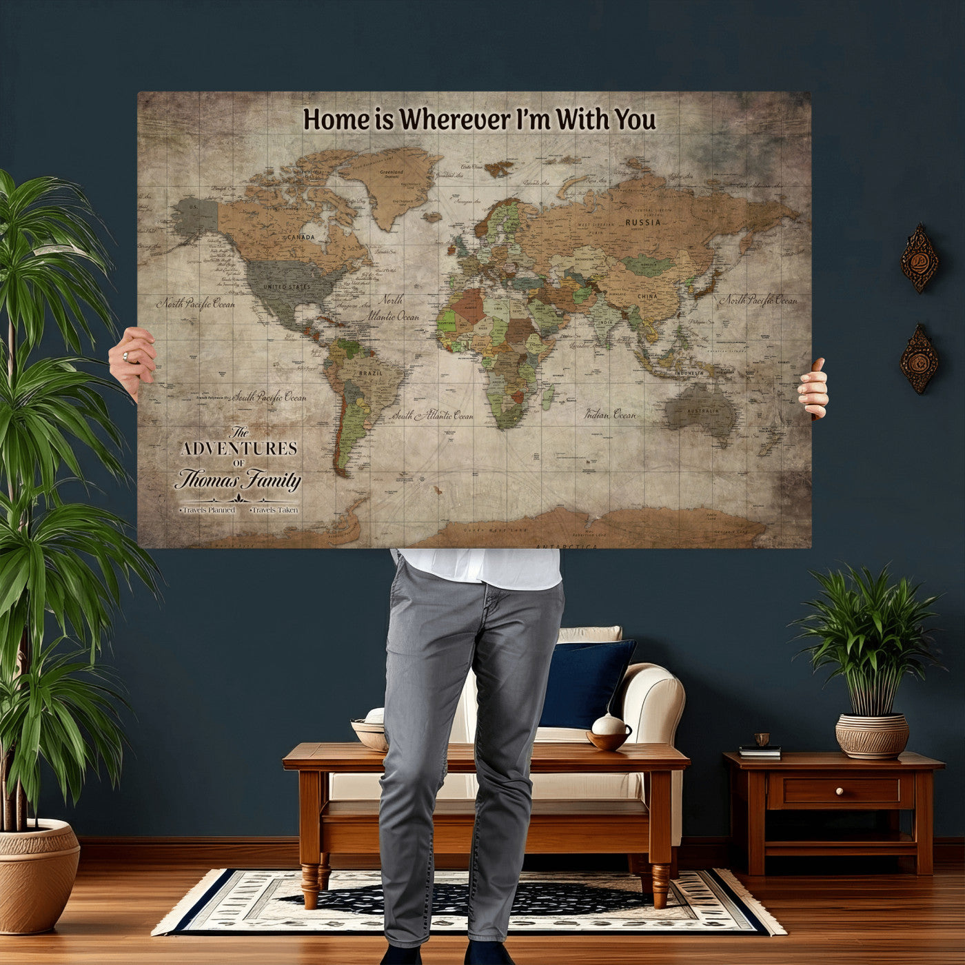 22593671-MGV-CV-36X24 - Custom Push Pin World Map Wall Art Canvas Print – Personalized Travel Tracker with Pins Framed Large for Home and Office Decor