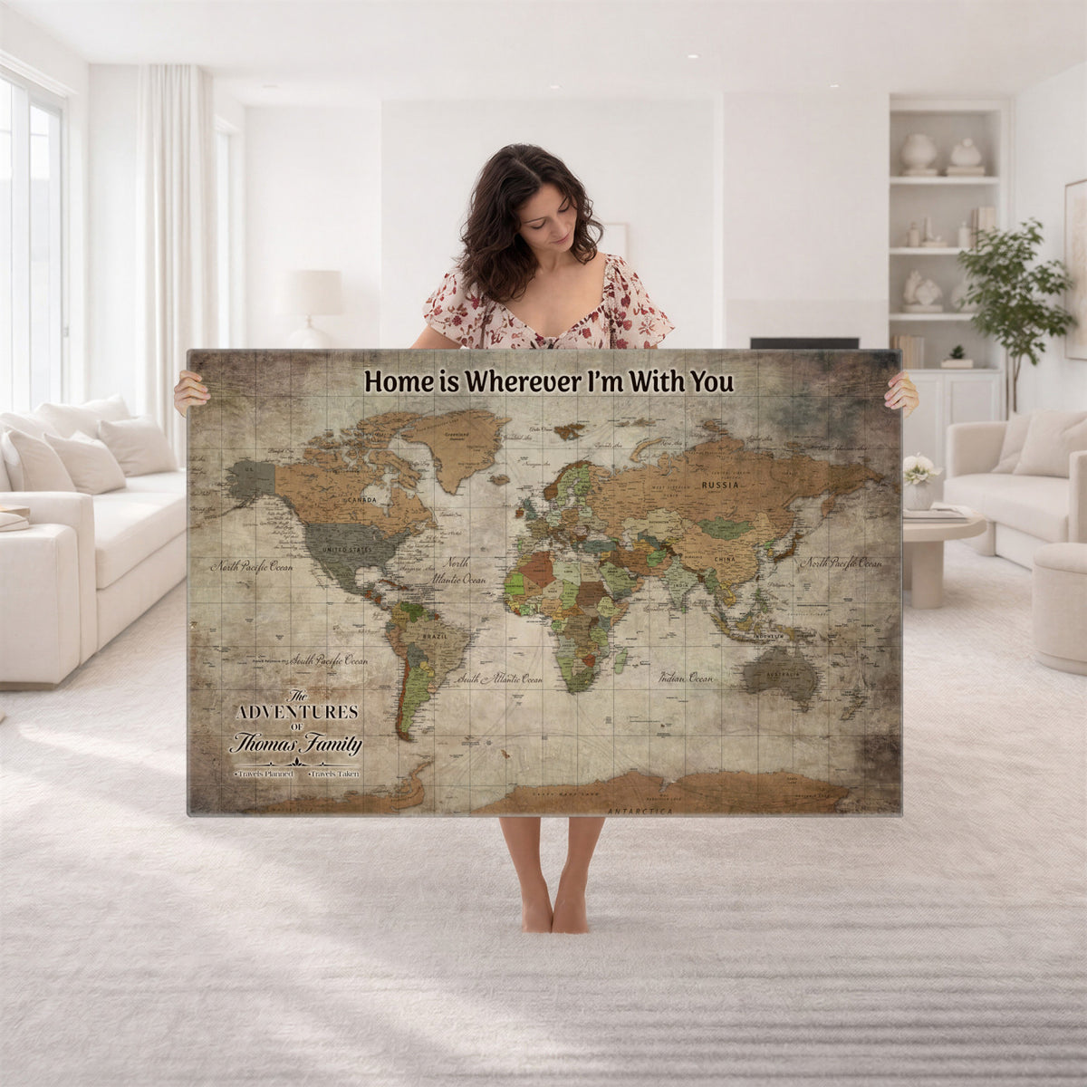 22593671-MGV-CV-36X24 - Personalized Beige Geometric World Map Canvas with Push Pins, Next Trip Planner Map, Study and Entryway Decor
