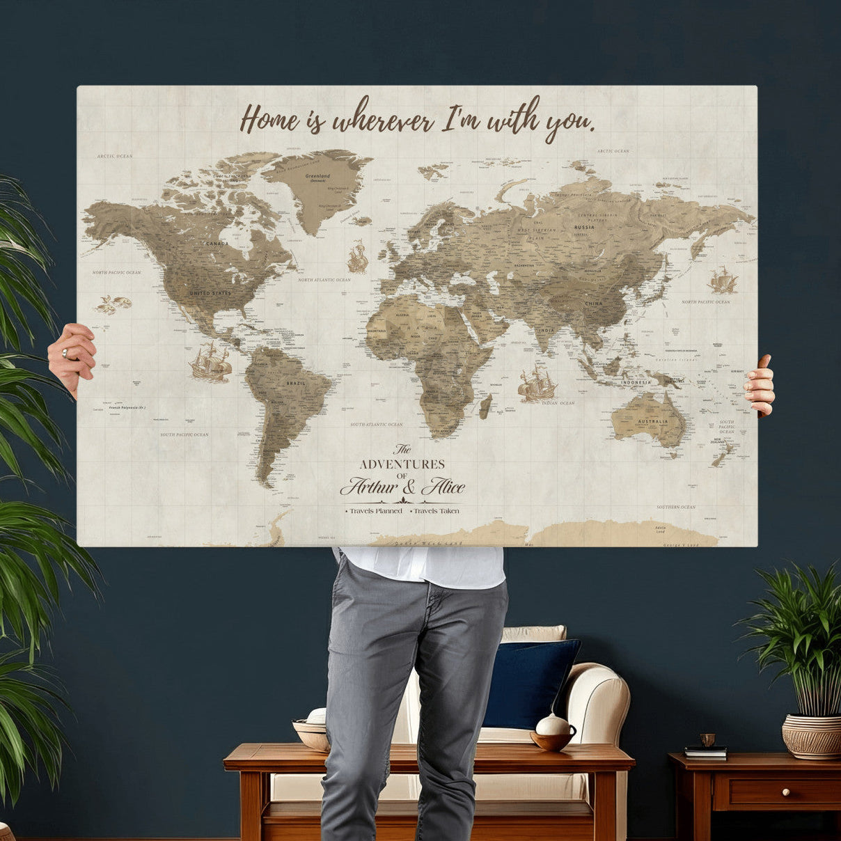 61351027-MGV-CV-36X24 - Custom Push Pin World Map Wall Art Canvas Print – Personalized Travel Tracker with Pins Framed Large for Home and Office Decor