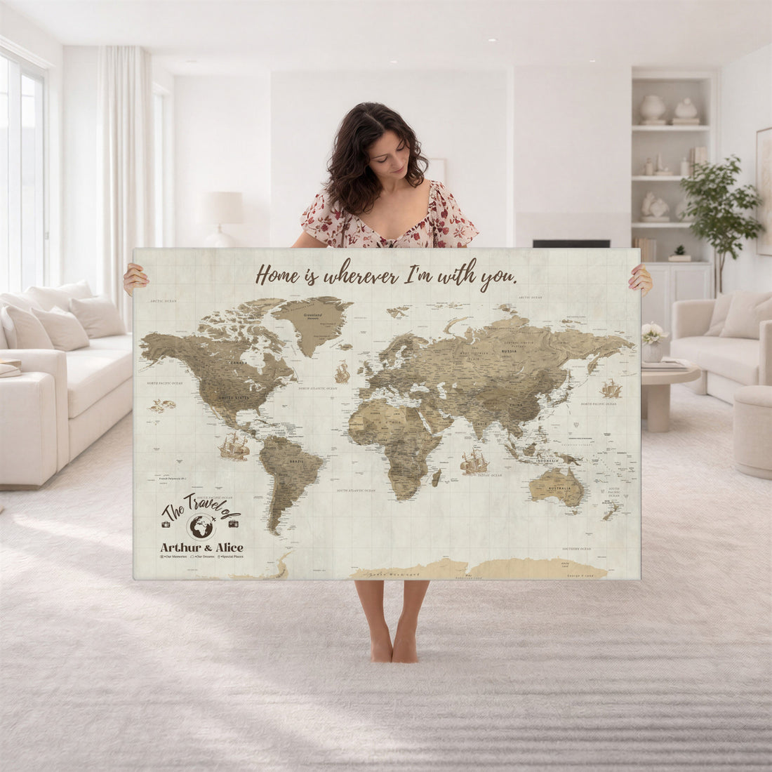 Custom Beige Geometric World Map Canvas with Push Pins, Honeymoon and Anniversary Gift, Dining Room and Hallway Decor