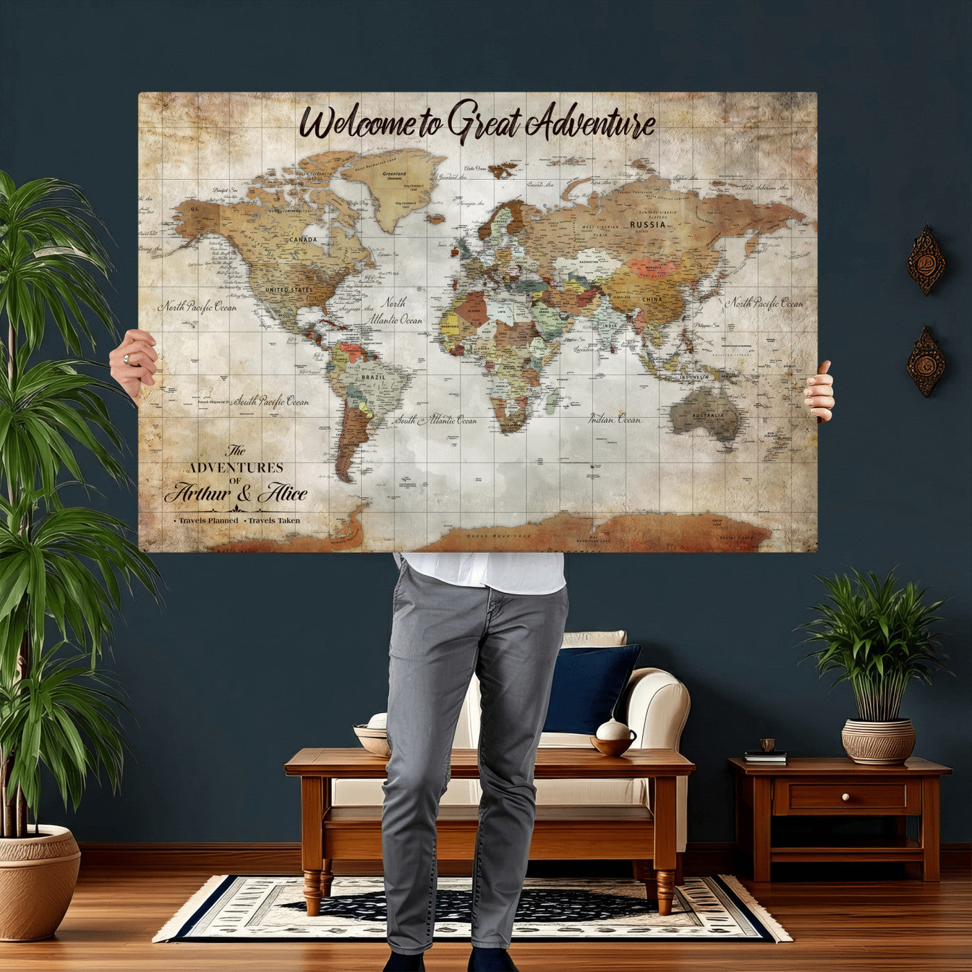 22906161-MGV-CV-36X24 - Custom Push Pin World Map Wall Art Canvas Print – Personalized Travel Tracker with Pins Framed Large for Home and Office Decor