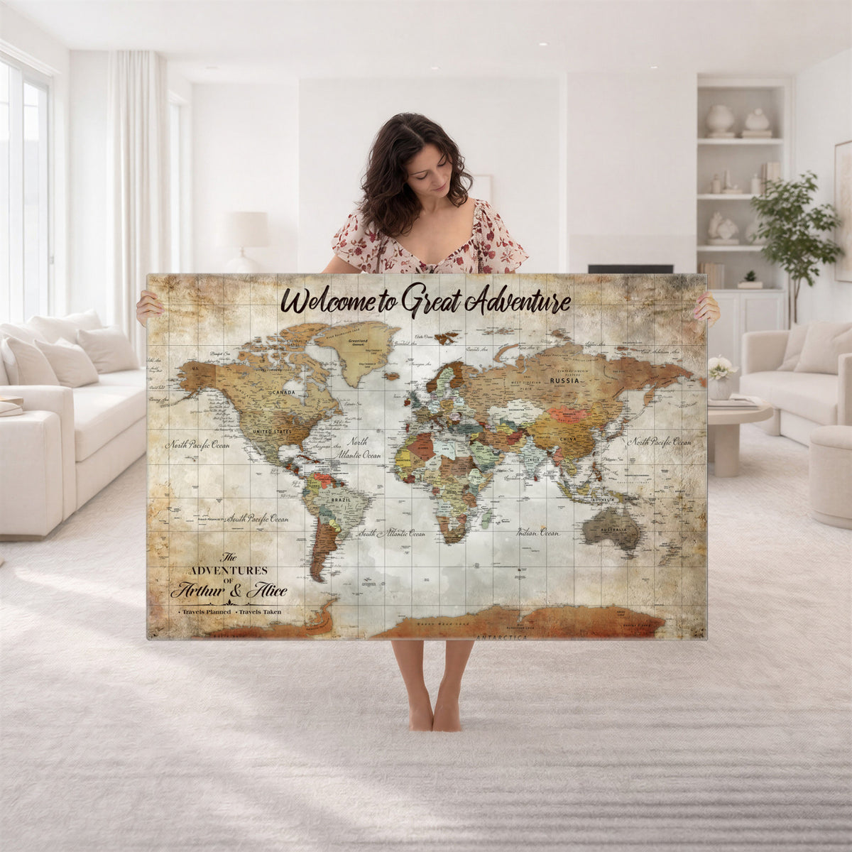 22906161-MGV-CV-36X24 - Personalized Beige Push Pin World Map Wall Art, Bucket List Map, Living Room and Family Room Decor