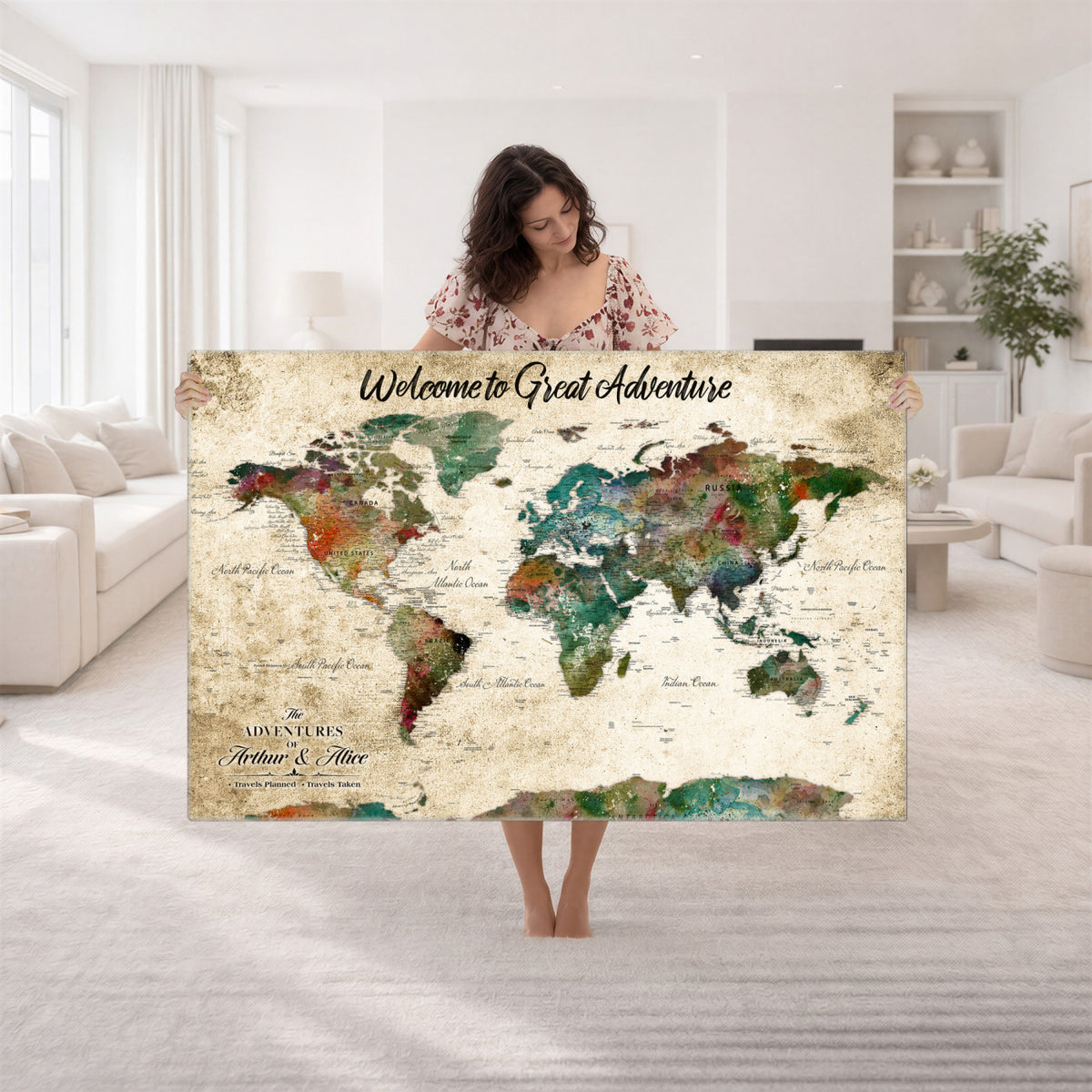 89225601-MGV-CV-36X24 - Personalized Beige Grunge World Map Canvas with Push Pins, Next Trip Planner Map, Family Room and Home Office Decor